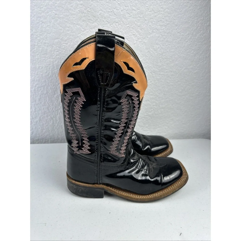 Boots Old West Cowboy Size‎ 13 Leather Youth BSC1843 Square Toe Black/Pink